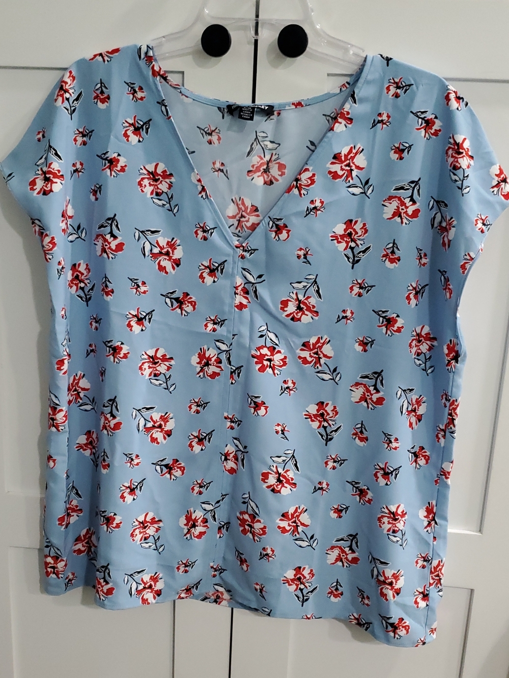 Hilary Radley Sky Blue Red Floral V-Neck Blouse